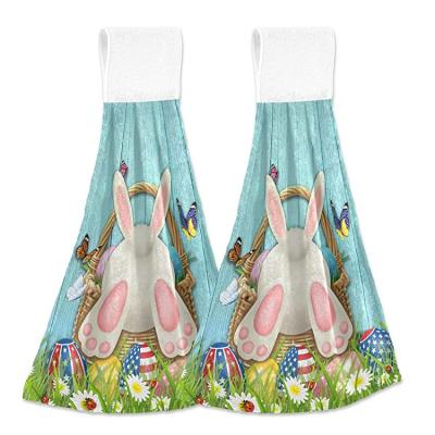 China Factory Price Attractive QUICK DRY Kawaii Blue and Spring Eggs Easter Bunny Hand Towel for sale