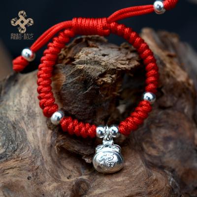 China LONGJIE Baby Handmade Weaving Bracelet Red Rope 925 Long Lasting Silver Bell Blessing Lock Bag Children Silver Bracelet 0-5 Years for sale