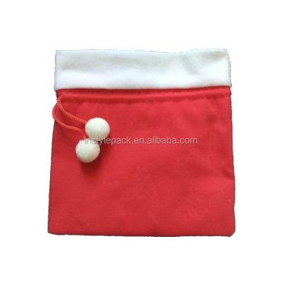 China Recyclable Red Velvet Drawstring Pouches Jewelry Christmas Gift Bags With Pom Pom Ball for sale