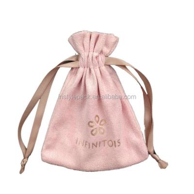 China Recyclable Custom Printed Pink Cord Jewelry Velvet Pouch With Logo for sale