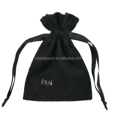 China Security Custom Black Drawstring Hot Jewelry Velvet Pouch With Hot Stamping Logo for sale