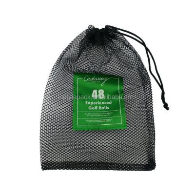 China Custom Logo Printed Black Mesh Drawstring Security Bag For Golf Ball for sale