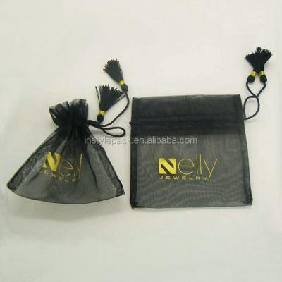 China Custom Security Screen Printing Tassel Drawstring Black Organza Bag for sale