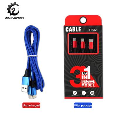 China Mobile Phone 3 in 1 2A Nylon Braided Mobile Phone Cable 1m Type-C Fast Charging Date Line Compatible IOS Device for sale