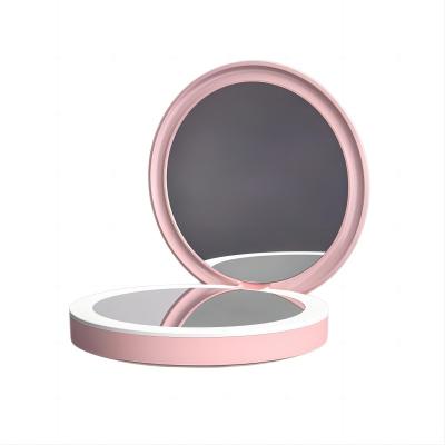 China Custom Lighted Logo Small Mini Hand Held With Led Light Travel Makeup Mirror Folding Compact Cosmetic Hand Pocket Mirror Wholesale for sale