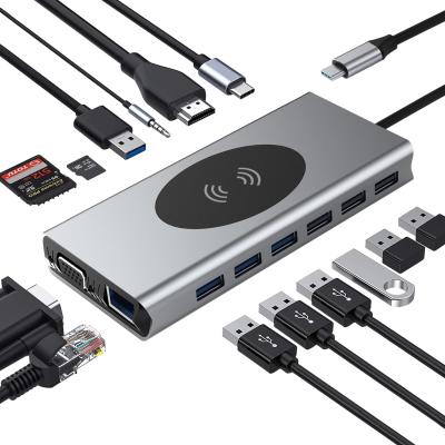 China Computer (type-c) 15 in 1 usb type c hub with 10w wireless charger for MateBook TV monitor for sale