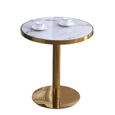 China Modern Customize Modern White Color Round Marble Dining Table With Chrome Metal Edge Stone Top Round Restaurant Tables for sale