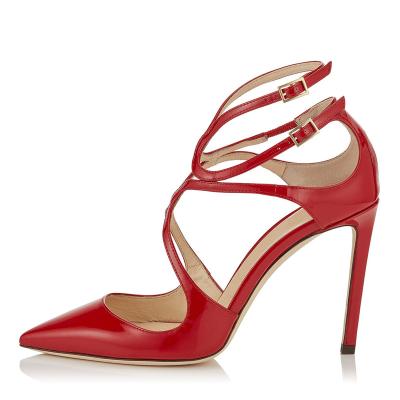 China European and American women's toe party banquet leather shoes fashion trend high heel shoes patent large size red acute stiletto strap shoes for sale