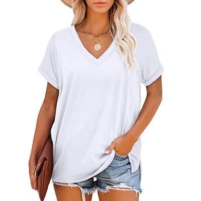 China Anti-Wrinkle Macting Customized V-Neck 100% Cotton Short Sleeve Side Split Summer Top Women T-Shirt for sale