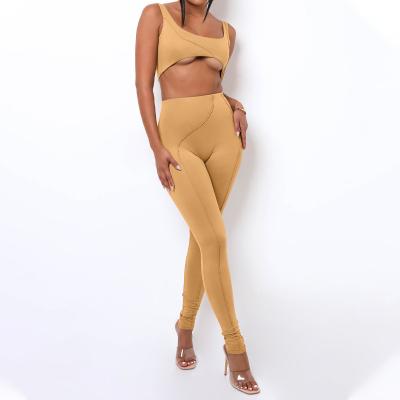 China New Arrivals Breathable Elastic Zari Waist Tracksuit Women 2 Pieces Set Slim Solid Color Vest And Pants Sports Yoga Suit for sale