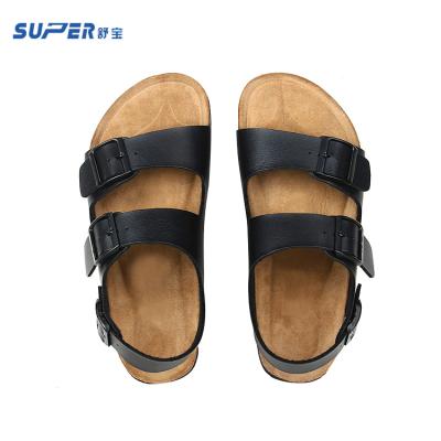 China Wholesale Gents Anti-odor Cork Footwear Casual Black Strap Outdoor PU Leather Flat Sandals Men for sale