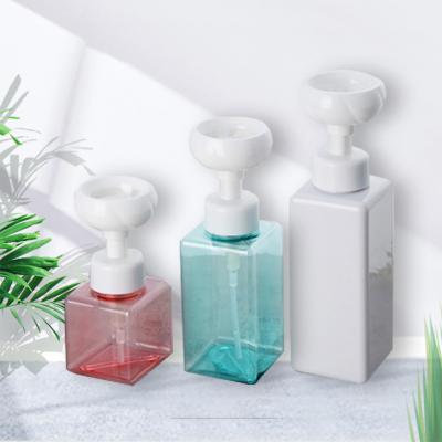 China 250ml 500ml Flower Square PET Rose Hand Dispenser Eco-friendly White Blue Cosmetic Soap Detergent Foaming Foaming Pump Bottle for sale