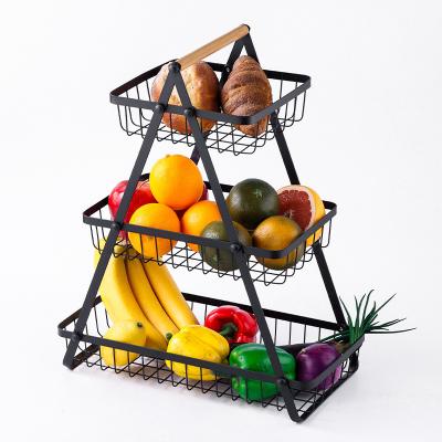 China Freshness Keeping Kitchen Organizer 3 Tier Portable Metal Fruit Basket With Handle Wooden Bread Storage Basket for sale