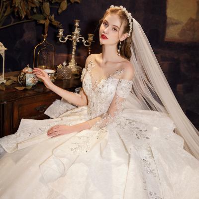 China 2021 New Anti-wrinkle One-Shoulder Long Tail Wedding Dress Superb Fairy Princess Bride Wedding Dresses for Women Big Tail Covering Thick Arms for sale