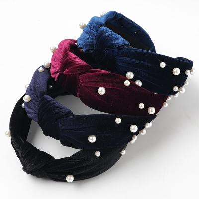 China Solid Color Korean Flannel Headband Attractive Design Pearl Flannel Beaded and Knotted Female Headband for sale