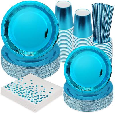 China Birthday Party Decoration Supplies Blue Disposable Tableware Set Party Paper Straw Cup Plates Baby Shower Birthday Supplies Favors Party Carnival Wedding Decor for sale