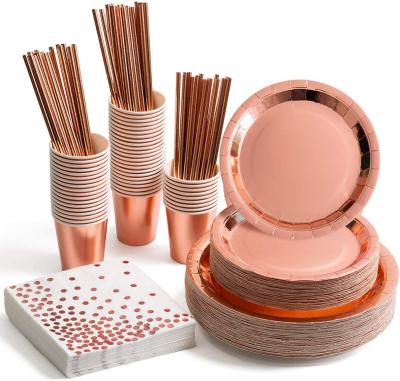 China Birthday Party Decoration Supplies 121 Pieces Rose Gold Party Supplies Party Tableware Aluminum Foil Plates Napkins Cups Straws for Weddings Birthday Party Supplies for sale