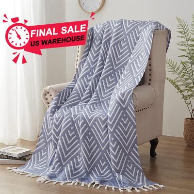 China USA Clearance Light Throw Single Ship Cover 3 Layer Breathable Cotton Sofa Warm Soft Blanket With Tassels for sale