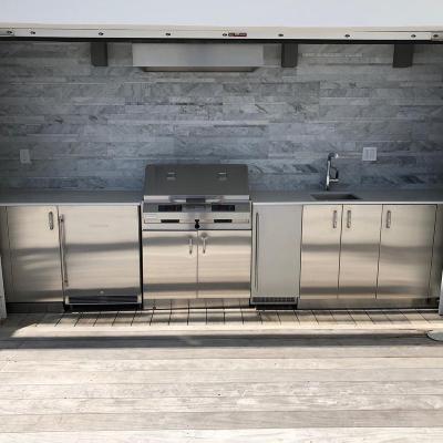 China NICOCABINET 304 Stainless Steel Waterproof Outdoor Kitchen Sink Cabinets Sets with Quartz Stone Countertop and BBQ Grill for sale