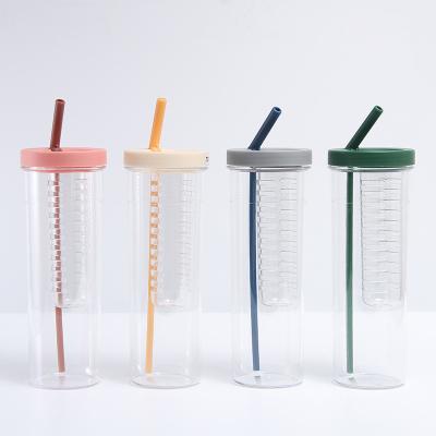 China Viable Popular Clear Acrylic Plastic Water Bottle Tumbler Fruit Cup 700ml Transparent Plastic Fruit Tumbler Cups With Straw for sale