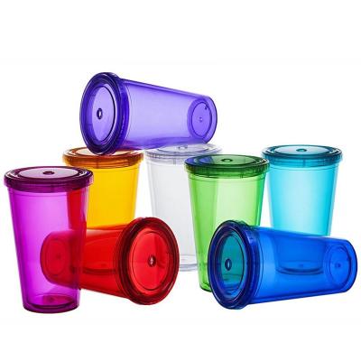 China Viable Wholesale Clear Plastic Tumbler With Lid And Straw, Double Wall Insulated Acrylic Tumbler Cup, Reusable Cold Cup For Cold Drinks for sale