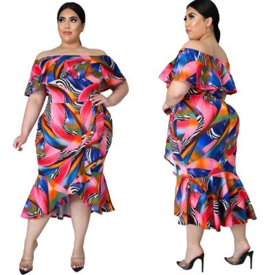 China Viable dropshipping plus size ladies clothes women dresses off the shoulder patchwork printed ruffled large size casual dress for sale