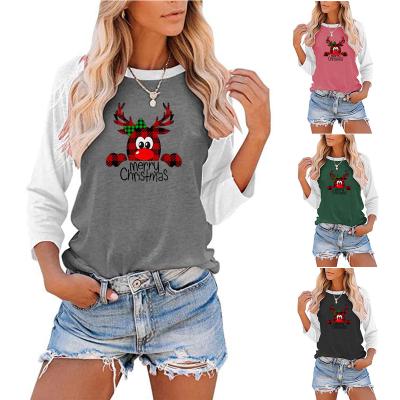 China 2022 New Arrival Women's Clothing Breathable Christmas Elements Print O Neck T-shirt Patchwork Solid Color Fashionable Sweatshirt for sale