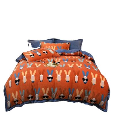 China Wholesale Anti-static Printing Luxury Thick Warm Micro Fiber Flannel Bilateral Fleece 4 Pieces Bedding Set For Winter for sale