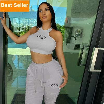 China Custom Crop Sudaderas Logo Sweat Suit Private Label Sweatsuits Poyan Breathable Solid Halter Sweatsuit Tops Pant Set for sale