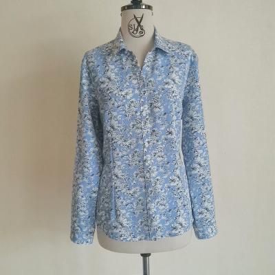 China Anti-pilling new design tops long sleeve design blue chiffon floral print women blouse top blouse for sale