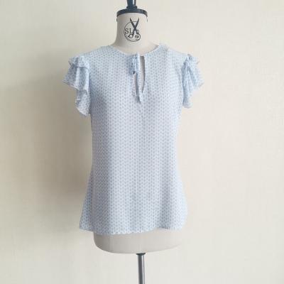 China Anti-pilling Fashion Hollow Out Baby Blue Diamond Print Summer Tops For Women With Ruffle Sleeve for sale