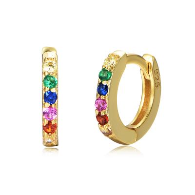 China TRENDY 925 Sterling Silver 14K Gold Plated Color Crystal Tiny Small Rainbow Huggie Earrings for sale