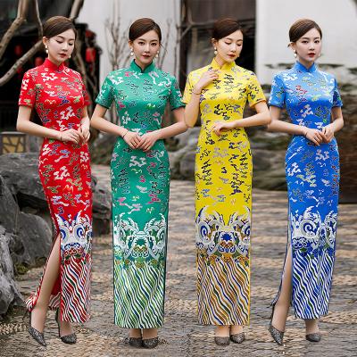 China Red Retro Wind Cheongsam Skirt Big Show Temperament Long Watch Chinese Performance Dress Customized Size for sale