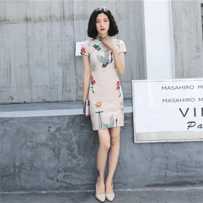 China Fashionable little cheongsam upgraded short Chinese style retro long sleeve flight crane printing dress for sale