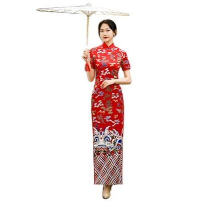 China Red Chinese Festival Wear Qipao Dress Embroidered Cheongsam For Elegant Chinese Fashion Ladies Customized Size for sale