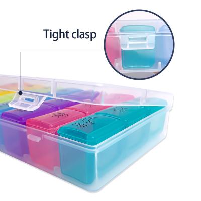 China Viable Weekly Fast Delivery Plastic Medicine Pill Dispenser Box 21 Cases Portable Pill Box for sale