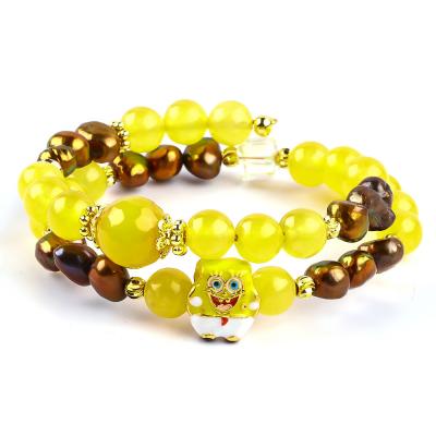 China Healing Real Crystal Yellow Chalcedony And Coffee Color Freshwater Pearl Met Spongebob Cartoon Charm Armband Te koop