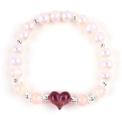 Cina 8MM Rosa Perla di Acqua dolce Stretch Bracelet Cuore Cristallo intaglio in vendita