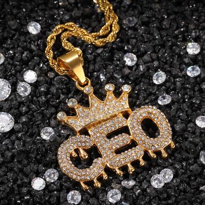 China Pendant Necklaces New Hip Hop Diamond Jewelry 18k Gold Ceo Crown Plated Letter Stainless Steel Pendant Men's Pendant Charms Necklace for sale