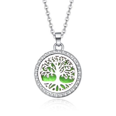 China Fashion 12 Style Stainless Steel Diamond Round Tree Of Life Aromatherapy Diffuser Pendant Necklace Design For Women for sale