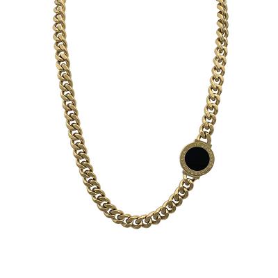 China 2021 Lead Free Nickel Free New Minimalist Gold Plated Stainless Steel Black Coin Pendant Necklace Chunky Cuban Link Chain Necklace for sale