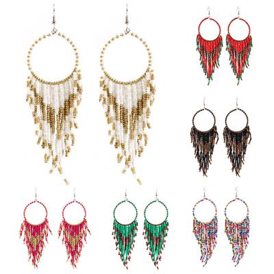 China FASHIONABLE Newcomer Ethnic Handmade Colorful Seed Beaded Circle Earrings Long Seed Bead Tassel Earrings for sale