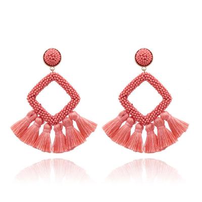 China 2020 New Arrival FASHIONABLE Handmade Woven Pink Seed Bead Tassel Earrings Adjust To Shape Beaded Tassel Earrings for sale