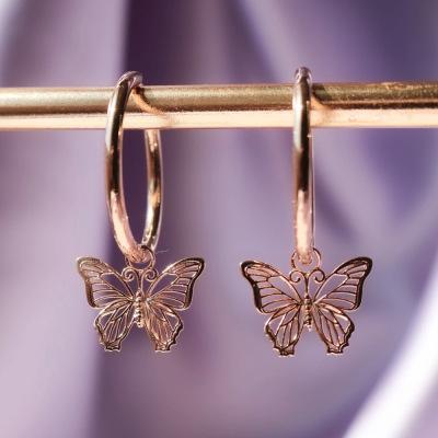 China Newest Jewelry 18k Nickel Free Lead Gold Plated Hollow Butterfly Dangle Earrings Elegant Butterfly Clip On Earring For Girls for sale