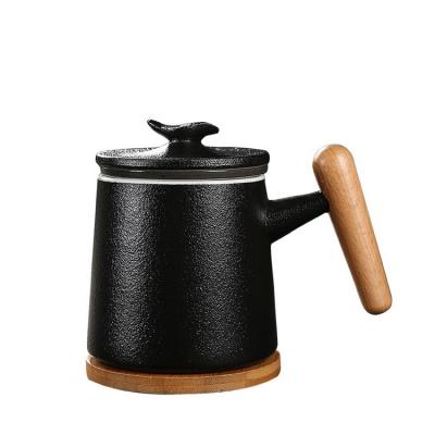 China Office Viable Creative Simple Meeting Ceramic Mug With Lid And Handle Infuser Wooden Filter Coaster for sale