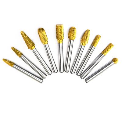 China Wood Burrs 10pcs Burr Set Double Cut Yellow Titanium Coating Tungsten Carbide Rotary Coated Burrs Carbide Rotary File For Wood Metal for sale