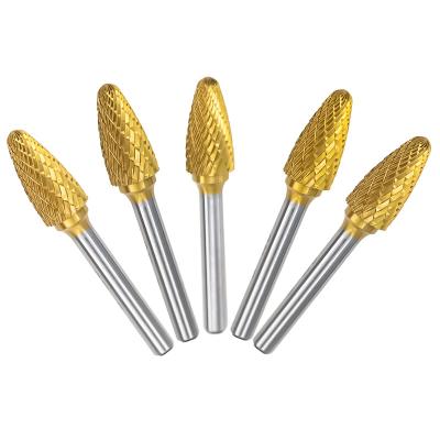 China Wooden F Shape Cutter Burs Grinding Titanium Yellow Coated Carbide Burr File Strawberry Bit Rotary Double Bit Cut Tool Parts for sale