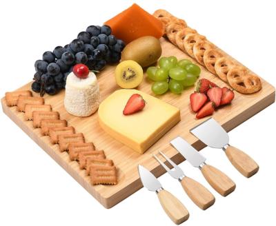 China Contemporary Bamboo Cheese Board Set Charcuterie Tray Bamboo Cutting Board With Stainless Steel 4 Knife for sale