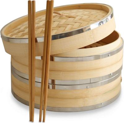 China Sustainable Custom 10 Inch Bamboo Steamer With Stainless Steel, High Quality Bamboo Dumpling Steamer For Vegetables, Meat for sale