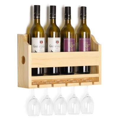 China Sustainable Wooden Wall Mounted Wine Rack With 5 Long Stem Glass Rack For Wine Bottles And Stemware Glasses for sale